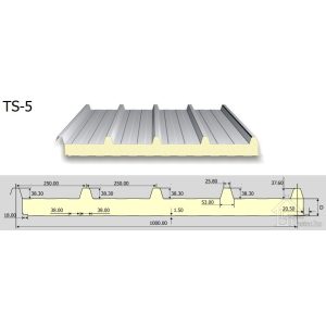 TS-5 tetőpanel PUR, PIR (5 bordás)